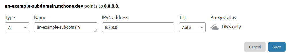 Example DNS configuration within Cloudflare